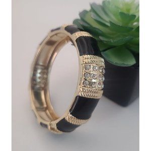 Black Enamel & Rhinestone Hinged Bracelet